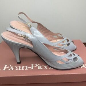 Vintage Made Italy Evan Picone Light Blue Leather Slingback Peep‎ Toe Heels 5.5
